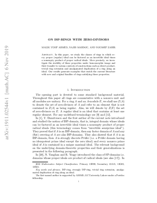(PDF) On ISPrings with zerodivisors Malik Tusif Ahmed Academia.edu