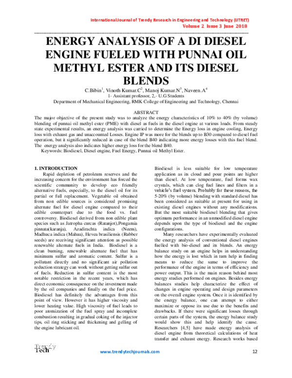 (PDF) ENERGY ANALYSIS OF A DI DIESEL ENGINE FUELED WITH PUNNAI OIL ...