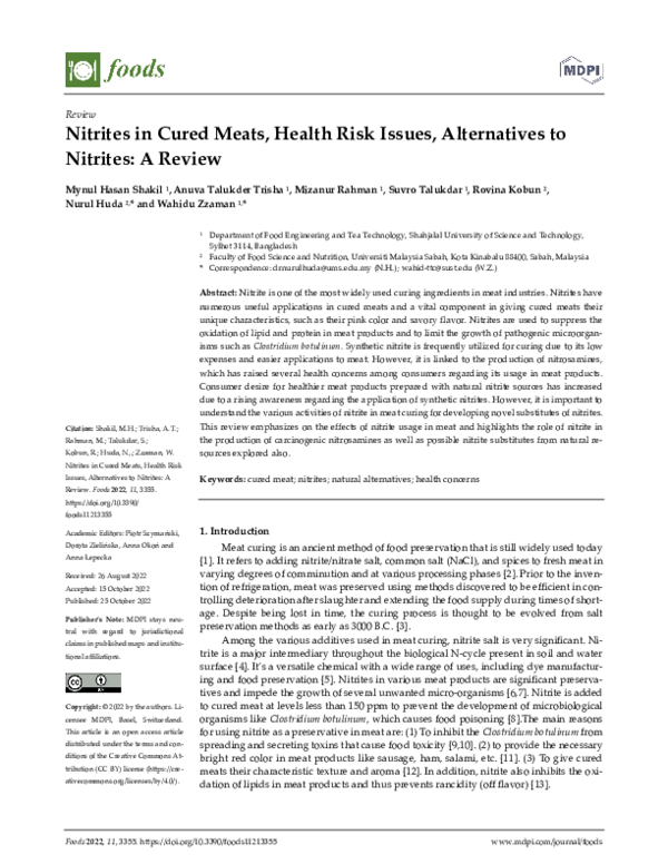 (PDF) Nitrites in Cured Meats, Health Risk Issues, Alternatives to ...