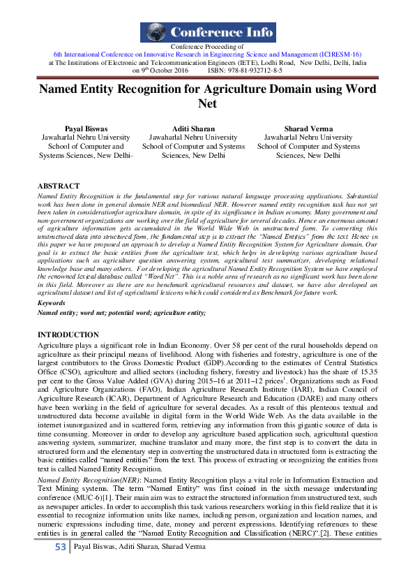 (PDF) Named Entity Recognition for Agriculture Domain using Word Net