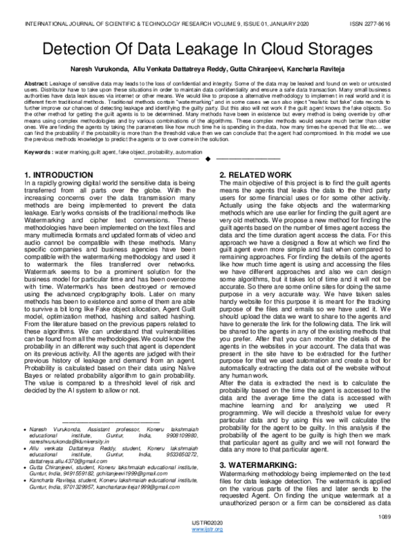 (PDF) Detection Of Data Leakage In Cloud Storages