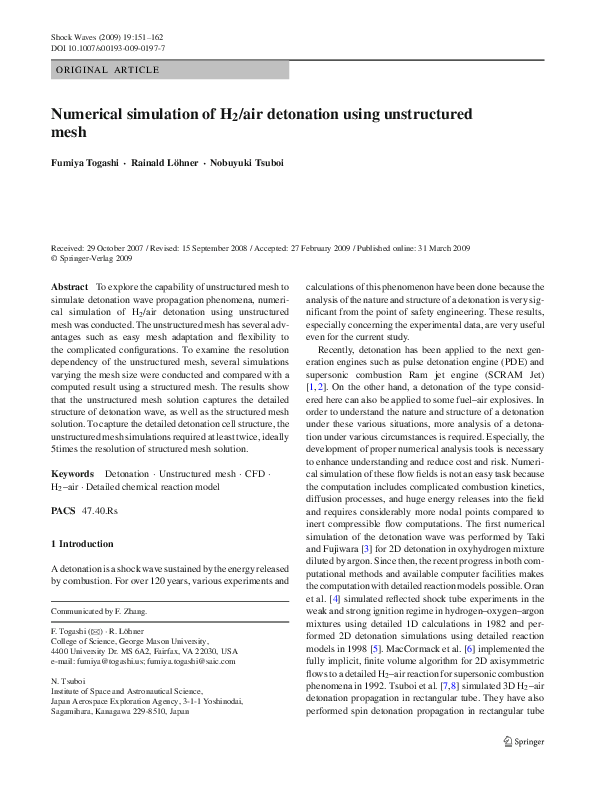 (PDF) Numerical simulation of H2/air detonation using unstructured mesh