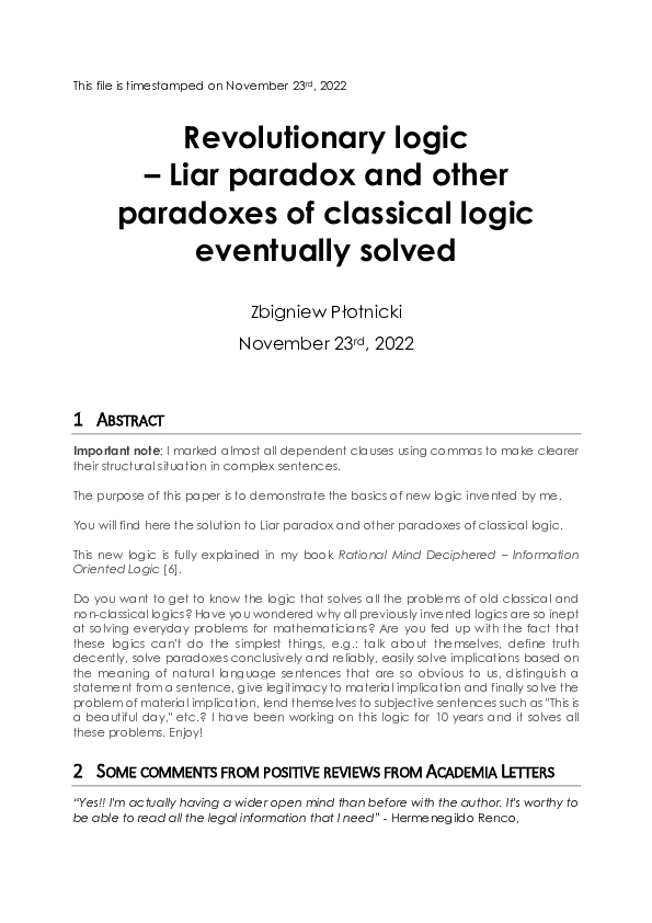 (PDF) Liar paradox and other paradoxes of classical logic eventually solved