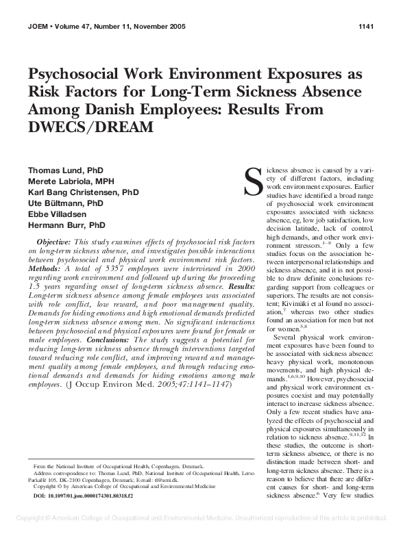 (PDF) Psychosocial Work Environment Exposures as Risk Factors for Long ...