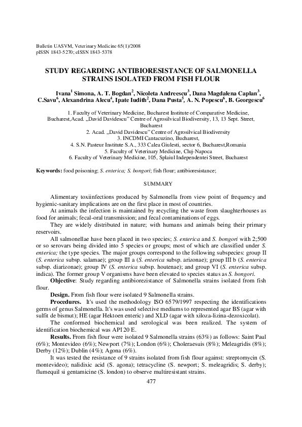 (PDF) Study Regarding Antibioresistance of Salmonella Strains Isolated ...