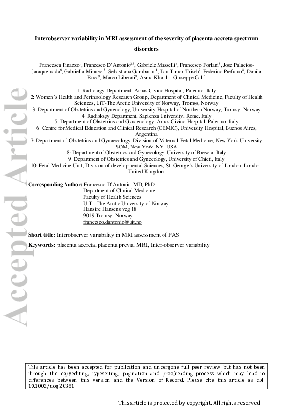 (PDF) Interobserver agreement in MRI assessment of severity of placenta ...