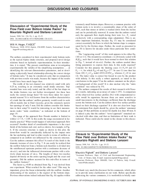 (PDF) Closure to “Experimental Study of the Flow Field over Bottom ...