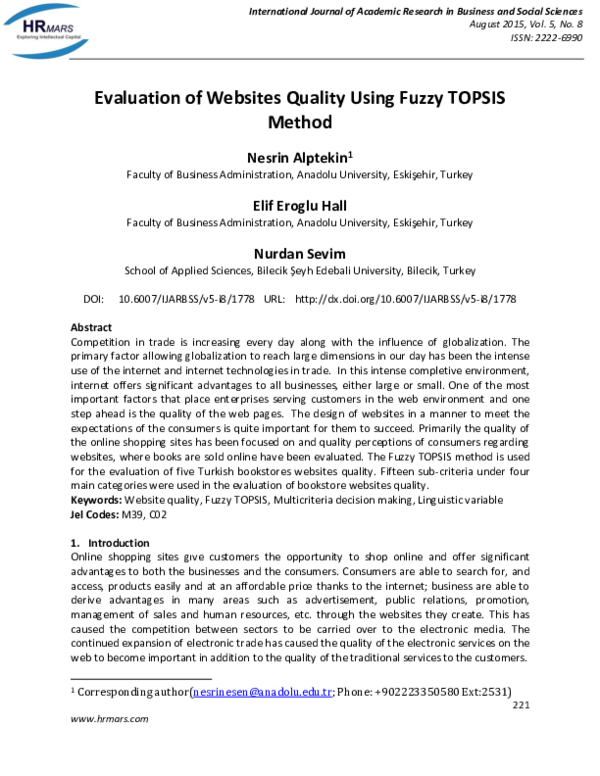 (PDF) Evaluation of Websites Quality Using Fuzzy TOPSIS Method