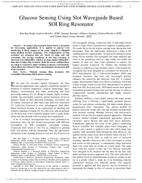 (PDF) Glucose Sensing Using Slot Waveguide-Based SOI Ring Resonator