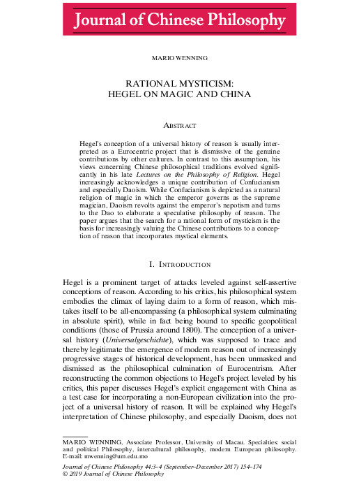 (PDF) Rational Mysticism: Hegel on Magic and China