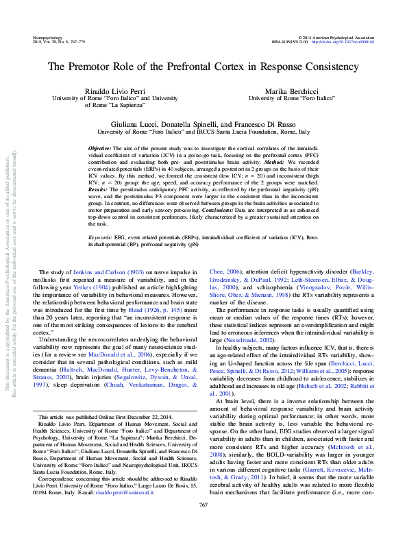 (PDF) The Premotor Role of the Prefrontal Cortex in Response Consistency