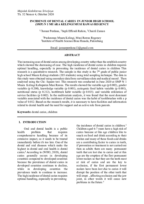 (PDF) Incidence of Dental Caries in Junior High School (SMP) N 1 Muara ...