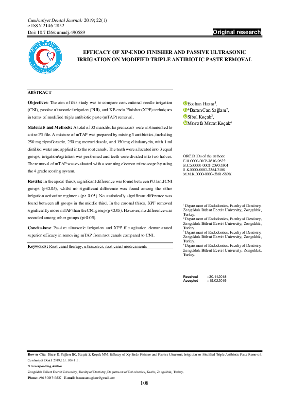 (PDF) Efficacy of XPEndo Finisher and Passive Ultrasonic Irrigation on