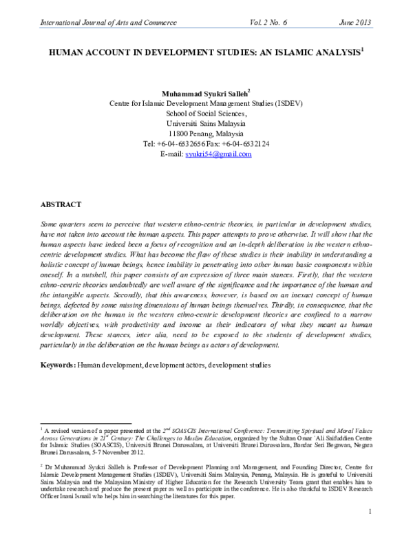 (PDF) Human Account in Development Studies: An Islamic Analysis 1