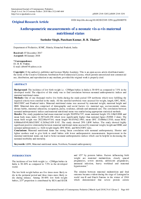 (PDF) Anthropometric measurements of a neonate vis-a-vis maternal ...