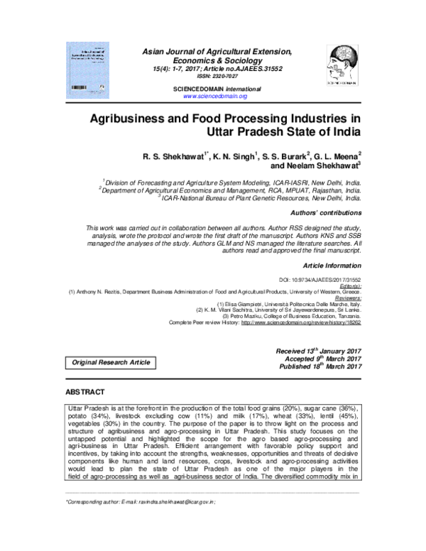 (PDF) Agribusiness and Food Processing Industries in Uttar Pradesh