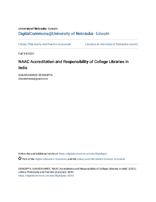 (PDF) NAAC Accreditation and Responsibility of College Libraries in India