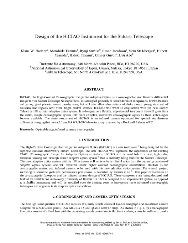 (PDF) Design of the HiCIAO instrument for the Subaru Telescope | Klaus ...