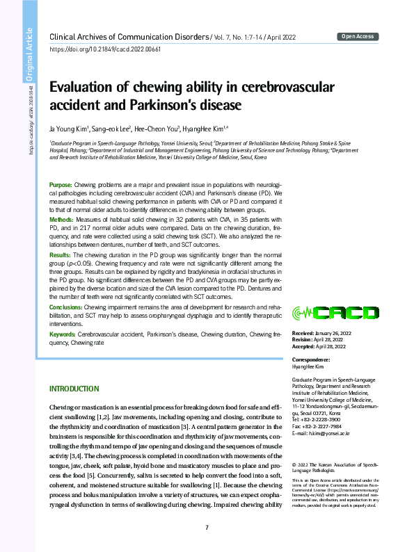 (PDF) Evaluation of chewing ability in cerebrovascular accident and ...