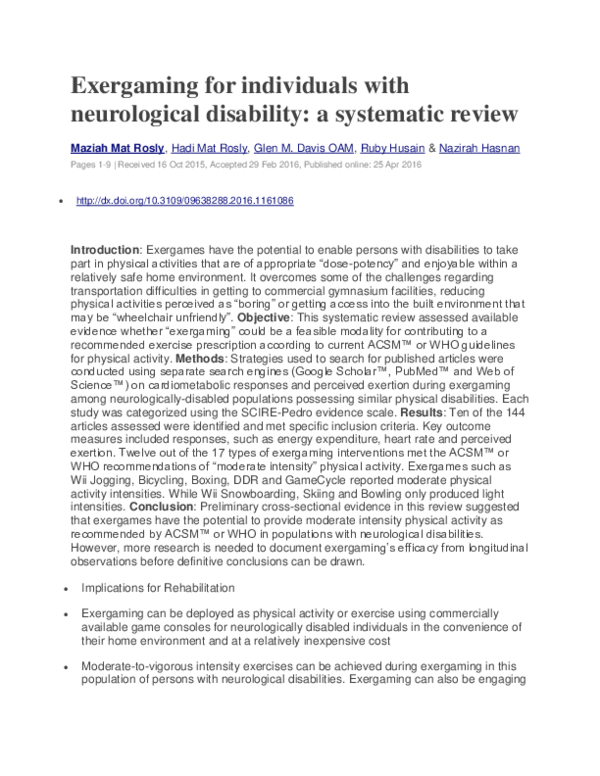 (PDF) Exergaming for individuals with neurological disability: a ...