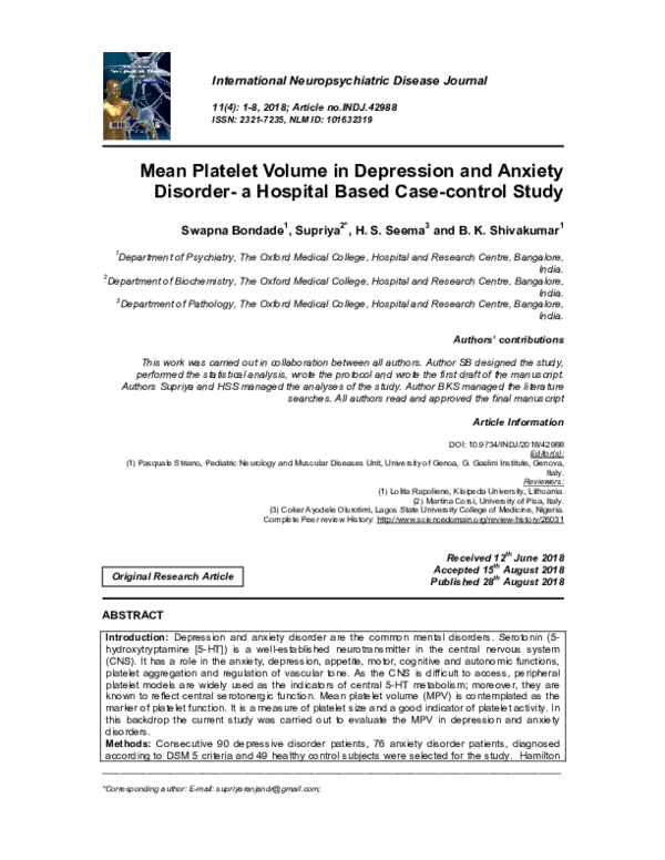 (PDF) Mean Platelet Volume in Depression and Anxiety Disorder- a ...