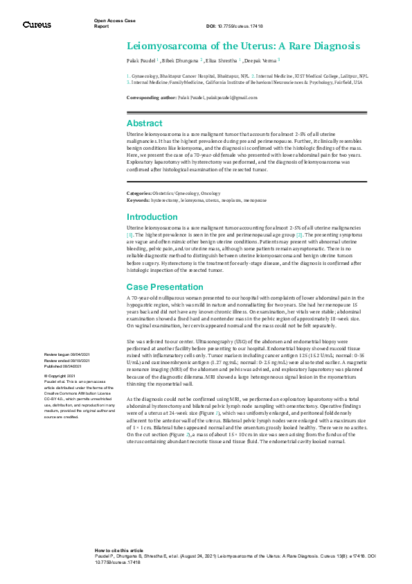 (PDF) Leiomyosarcoma of the Uterus: A Rare Diagnosis
