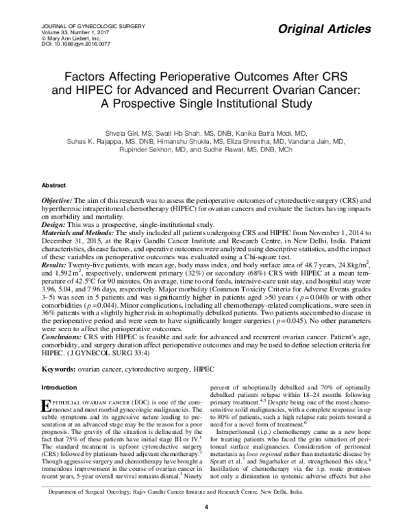 (PDF) Factors Affecting Perioperative Outcomes After CRS and HIPEC for ...