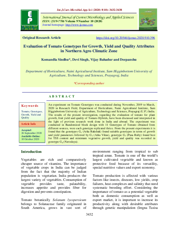 (PDF) Evaluation of Tomato genotypes for Growth, Yield and Quality ...
