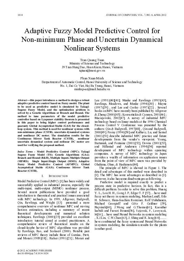 (PDF) Adaptive Fuzzy Model Predictive Control for non-minimum phase and ...