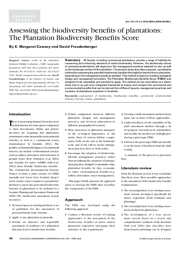 (PDF) Assessing the biodiversity benefits of plantations: The ...