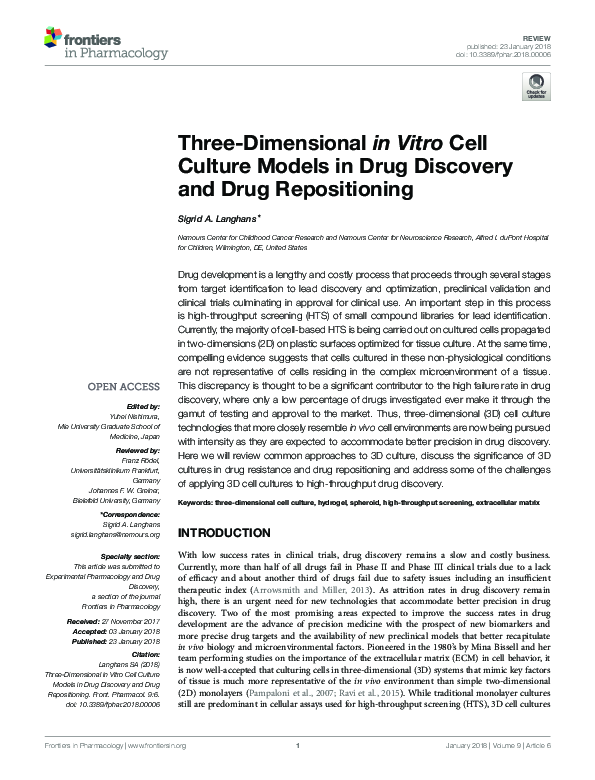 (PDF) Three-Dimensional in Vitro Cell Culture Models in Drug Discovery ...