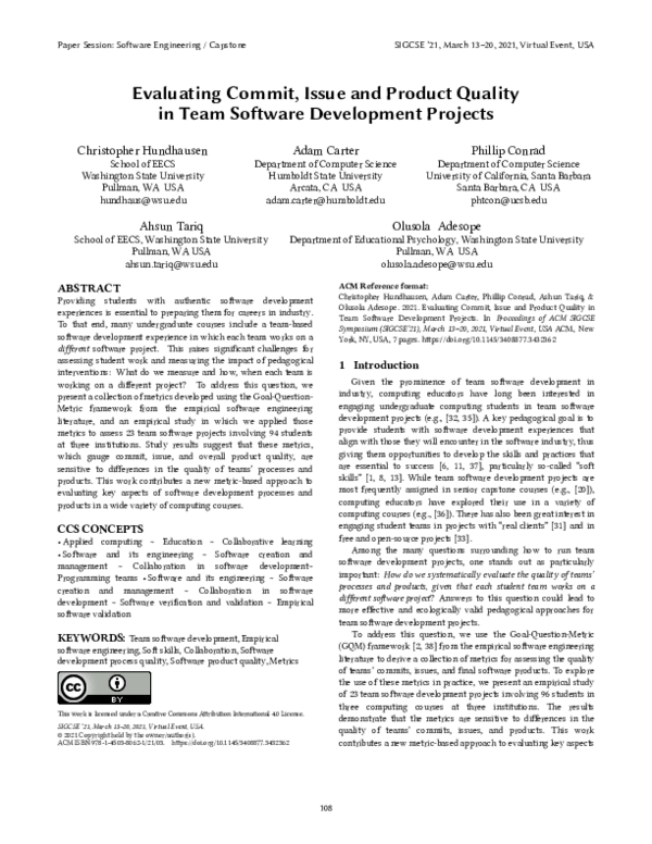 (PDF) Evaluating Commit, Issue and Product Quality in Team Software ...