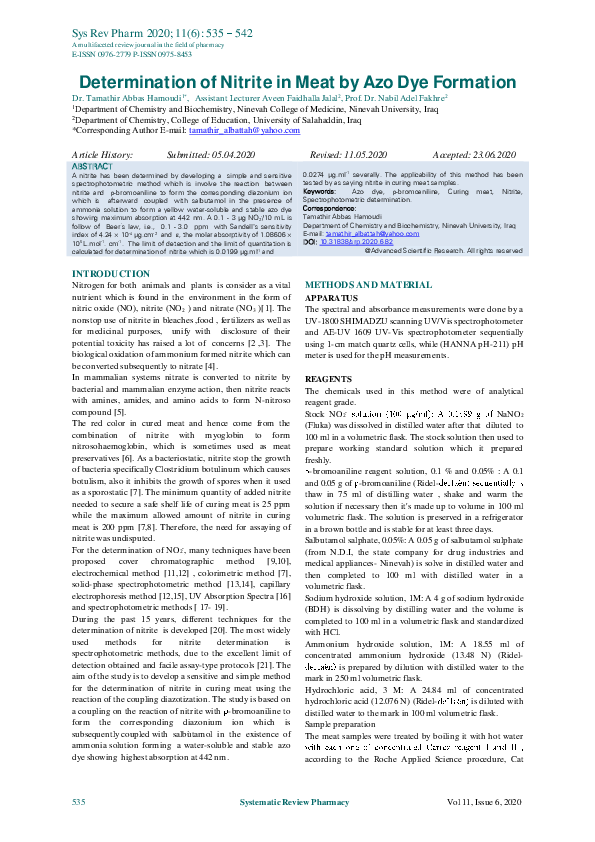 (PDF) Determination of Nitrite in Meat by Azo Dye Formation
