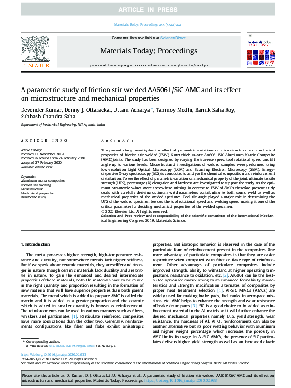 (PDF) A parametric study of friction stir welded AA6061/SiC AMC and its ...