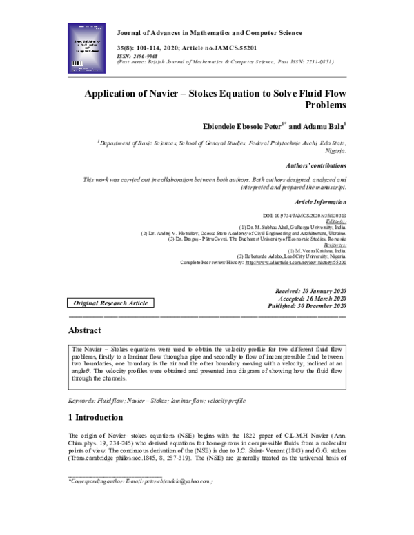 (PDF) Application of Navier – Stokes Equation to Solve Fluid Flow Problems
