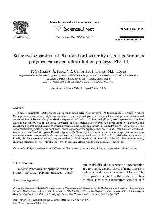 (PDF) Selective separation of Pb from hard water by a semi-continuous ...