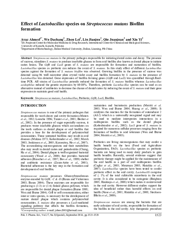 (PDF) Effect of Lactobacillus species on Streptococcus mutans biofilm ...