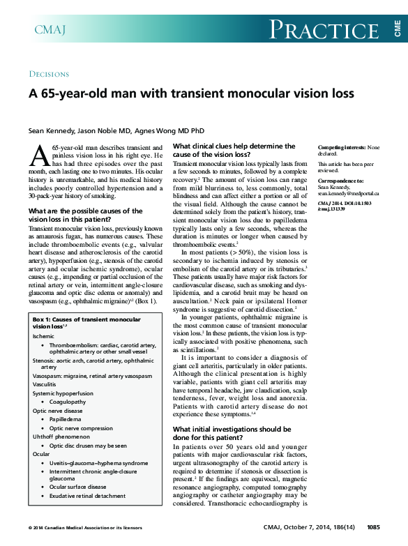 (PDF) A 65yearold man with transient monocular vision loss Sean