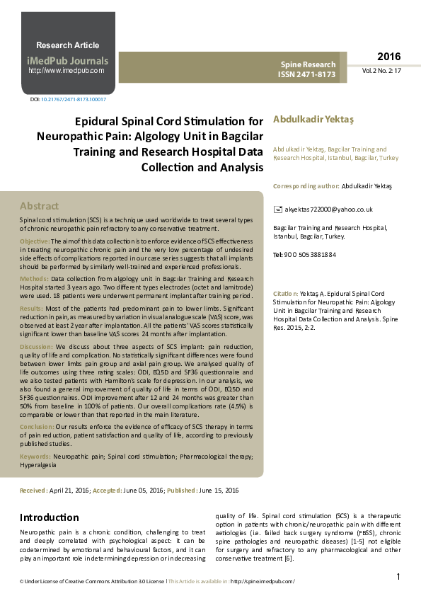 (PDF) Epidural spinal cord stimulation for neuropathic pain: a ...