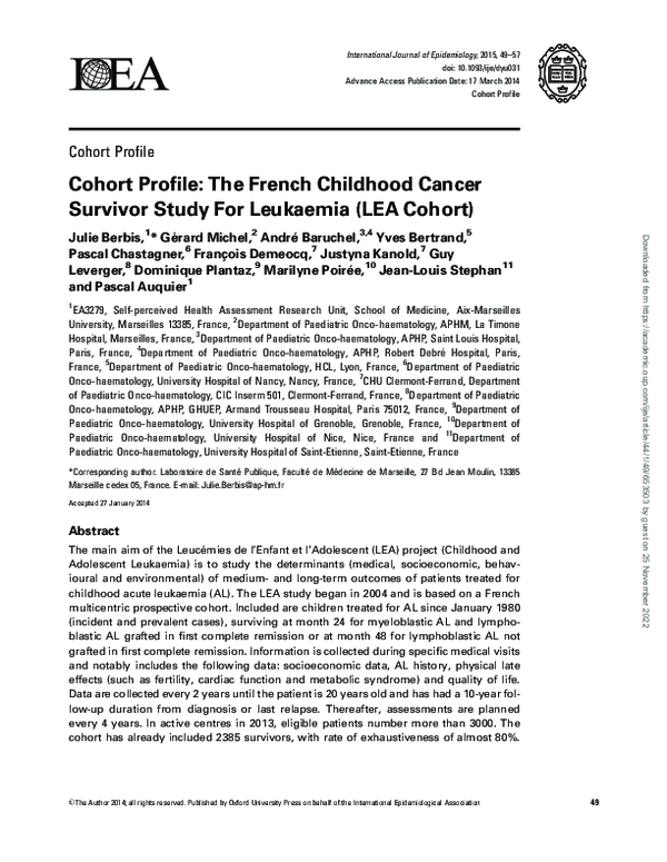 (PDF) Cohort Profile: The French Childhood Cancer Survivor Study For ...
