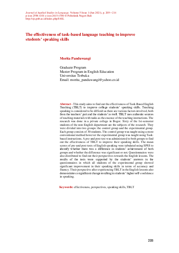 Pdf The Effectiveness Of Task Based Language Teaching To Improve Students Speaking Skills Pdf The Effectiveness Of Task Based Language Teaching To Improve Students Speaking Skills