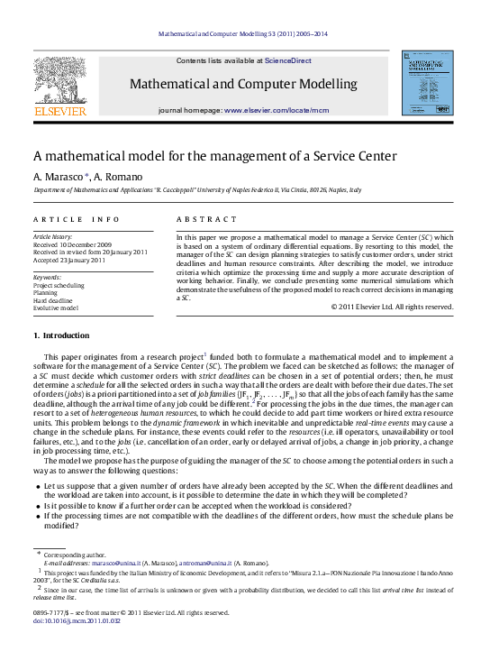 (PDF) A mathematical model for the management of a Service Center