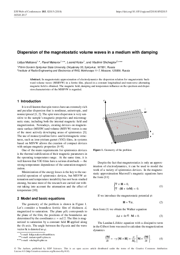 (PDF) Dispersion of the magnetostatic volume waves in a medium with damping