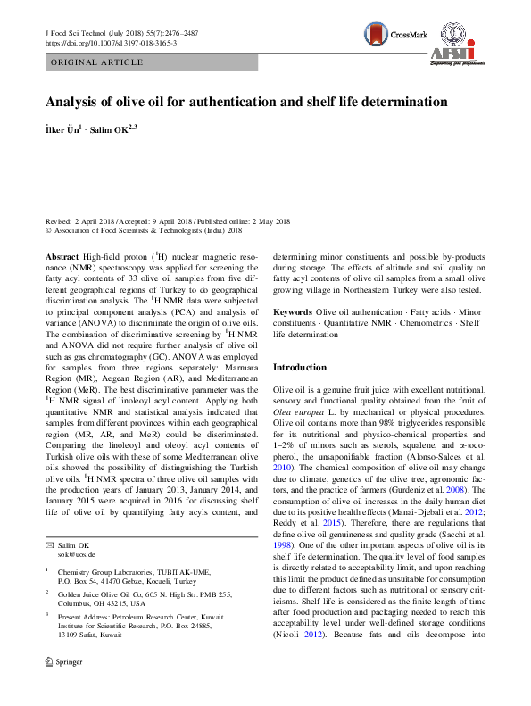 (PDF) Analysis of olive oil for authentication and shelf life determination