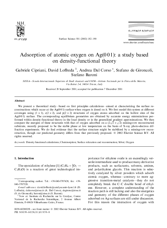 (PDF) Adsorption of atomic oxygen on Ag(): a study based on density ...