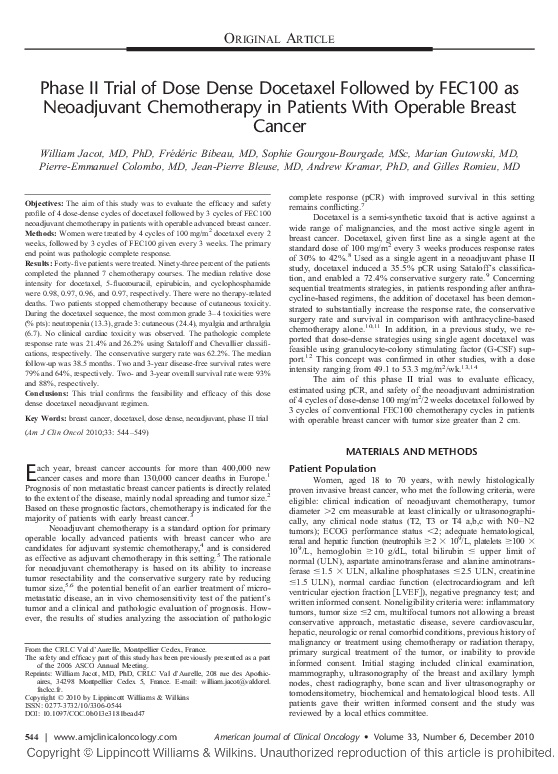 (PDF) Phase II Trial of Dose Dense Docetaxel Followed by FEC100 as ...