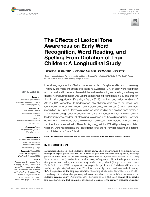 (PDF) The Effects of Lexical Tone Awareness on Early Word Recognition ...