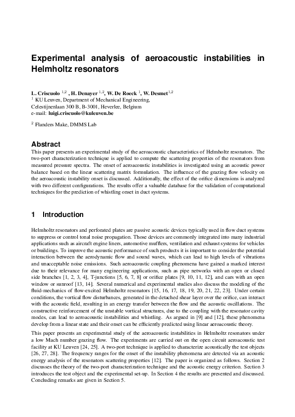 (PDF) Experimental analysis of aeroacoustic instabilities in Helmholtz ...