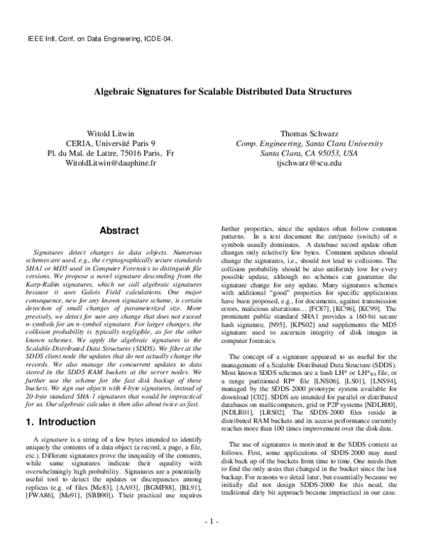 (PDF) 1-Algebraic Signatures for Scalable Distributed Data Structures