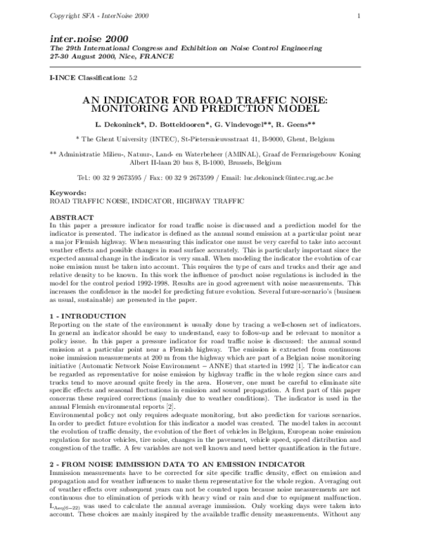 (PDF) An indicator for road traffic noise: monitoring and prediction ...